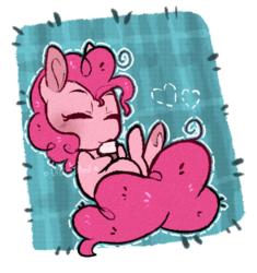 Size: 437x465 | Tagged: safe, artist:urbanqhoul, pinkie pie, earth pony, pony, cupcake, cute, diapinkes, eyes closed, female, food, frog (hoof), heart, patch, solo, underhoof