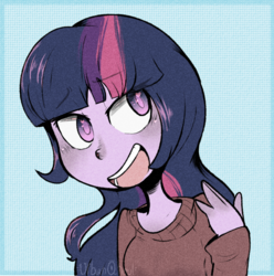 Size: 768x773 | Tagged: safe, artist:urbanqhoul, twilight sparkle, equestria girls, g4, blue background, bust, clothes, colored pupils, female, heart eyes, open mouth, portrait, solo, sweater, wingding eyes