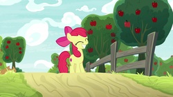 Size: 1920x1080 | Tagged: safe, screencap, apple bloom, pony, g4, going to seed, apple tree, female, happy, solo, tree