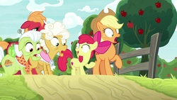 Size: 1920x1080 | Tagged: safe, screencap, apple bloom, applejack, big macintosh, goldie delicious, granny smith, pony, g4, going to seed, apple tree, context is for the weak, tree, varying degrees of want