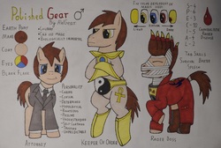 Size: 4532x3052 | Tagged: safe, artist:awgear, oc, oc:polished gear, pony, blue eyes, body armor, brown mane, brown tail, clothes, male, multiple variants, raider, red eyes, reference sheet, stallion, suit, traditional art, trenchcoat, yellow eyes