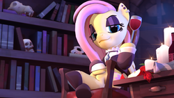 Size: 1920x1080 | Tagged: safe, artist:owlpirate, fluttershy, pony, fake it 'til you make it, g4, 3d, apple, apple slice, book, bookshelf, candle, clothes, ear piercing, eyeshadow, female, fluttergoth, food, glass, hooves, jewelry, makeup, piercing, shoes, sitting, sitting up, skull, solo, source filmmaker, wine glass