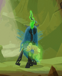 Size: 500x620 | Tagged: safe, screencap, queen chrysalis, changeling, changeling queen, frenemies (episode), g4, season 9, animated, better way to be bad, cropped, dancing, female, gif, glowing horn, happy, horn, implied rarity, legion of doom, magic, rarity plushie, silly changeling, singing, smiling, solo, spinning, telekinesis, you spin me right round