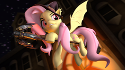 Size: 1920x1080 | Tagged: safe, artist:owlpirate, fluttershy, bat pony, pony, bats!, g4, 3d, bat ponified, bat wings, broom, crossover, flutterbat, flying, flying broomstick, hat, mercy, overwatch, race swap, red eyes, solo, wings, witch hat, witch mercy