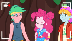 Size: 1267x720 | Tagged: safe, screencap, fry lilac, lemon zack, pinkie pie, equestria girls, equestria girls series, five lines you need to stand in, g4, spoiler:eqg series (season 2), background human, bare arms, camera shot, cap, clothes, eyes closed, female, geode of sugar bombs, hat, magical geodes, male, smiling