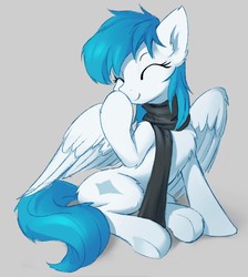 Size: 1720x1923 | Tagged: safe, artist:draconidsmxz, oc, oc only, oc:cynosura, pegasus, pony, clothes, eyes closed, female, giggling, mare, scarf, simple background, solo