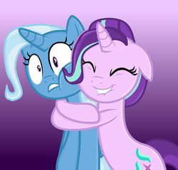 Size: 876x839 | Tagged: safe, artist:grapefruitface1, derpibooru exclusive, starlight glimmer, trixie, pony, unicorn, g4, base used, best friends, cute, duo, duo female, eyes closed, female, gradient background, hape, hug, hug from behind, lip bite, shocked, show accurate, surprised