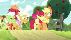 Size: 1920x1080 | Tagged: safe, screencap, apple bloom, applejack, big macintosh, goldie delicious, granny smith, earth pony, pony, g4, going to seed, apple siblings, apple tree, hug, tree