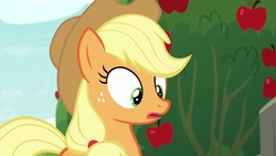 Size: 1920x1080 | Tagged: safe, screencap, applejack, earth pony, pony, g4, going to seed, apple, female, food, mare, solo