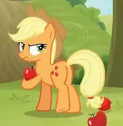Size: 421x431 | Tagged: safe, screencap, applejack, earth pony, pony, g4, going to seed, angry, apple, butt, cropped, female, food, frown, plot, solo