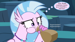 Size: 800x450 | Tagged: safe, edit, edited screencap, editor:korora, screencap, silverstream, classical hippogriff, hippogriff, g4, uprooted, hyperventilating, jewelry, necklace, paper bag, text, that hippogriff sure does love stairs, thought bubble, twilighting, unsound effect