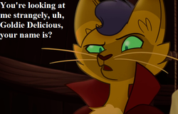 Size: 650x416 | Tagged: safe, edit, edited screencap, editor:korora, screencap, capper dapperpaws, abyssinian, anthro, g4, my little pony: the movie, chest fluff, crazy cat lady, cropped, dialogue, implied goldie delicious, male, this will not end well, uh oh