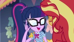 Size: 800x450 | Tagged: safe, edit, edited screencap, screencap, sci-twi, sunset shimmer, twilight sparkle, equestria girls, equestria girls series, g4, rollercoaster of friendship, clothes, female, geode of telekinesis, glasses, magical geodes, ponytail, scary shiny glasses