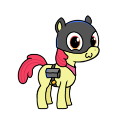 Size: 1000x1000 | Tagged: safe, artist:skelmach, apple bloom, earth pony, pony, g4, :3, bag, female, filly, ikue otani, japanese, looking at you, mask, morgana, neckerchief, persona, persona 5, simple background, solo, voice actor joke, white background