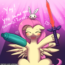 Size: 750x750 | Tagged: safe, artist:lumineko, angel bunny, fluttershy, pegasus, pony, rabbit, g4, animal, arm cannon, crying, female, mare, master sword, metroid, set:fluttershy games done quick, smiling, tears of joy, tempered sword, the legend of zelda, the legend of zelda: a link to the past