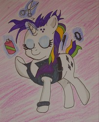 Size: 2015x2482 | Tagged: safe, artist:iffoundreturntorarity, rarity, pony, unicorn, g4, it isn't the mane thing about you, alternate hairstyle, atg 2019, glowing, glowing horn, hair styling, hairspray, high res, horn, newbie artist training grounds, punk, raripunk, scissors, spiked wristband, traditional art, wristband