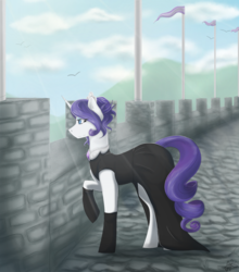 Size: 1099x1247 | Tagged: safe, artist:scarletsfeed, rarity, pony, fanfic:game of harmony, g4, battlements, black dress, castle, clothes, dress, fanfic art, female, solo, speedpaint available, sunlight