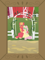 Size: 2800x3700 | Tagged: safe, anonymous artist, big macintosh, fluttershy, earth pony, pegasus, pony, series:fm holidays, g4, alternate hairstyle, barn, belly button, facial hair, father's day, female, freckles, high res, hoof around neck, lineless, male, missing accessory, moustache, no pupils, older, picture frame, pregnant, ship:fluttermac, shipping, straight, sweet apple acres
