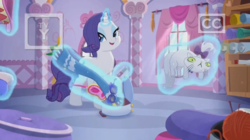 Size: 1276x717 | Tagged: safe, screencap, opalescence, rarity, cat, pony, unicorn, g4, my little pony: rainbow roadtrip, carousel boutique, clothes, glowing horn, horn, magic, scarf, telekinesis