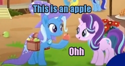 Size: 604x320 | Tagged: safe, edit, edited screencap, screencap, lemon hearts, minuette, starlight glimmer, trixie, pony, unicorn, g4, my little pony: rainbow roadtrip, apple, captain obvious, caption, cropped, female, food, image macro, mare, no shit sherlock, saddle bag, silly, silly pony, text