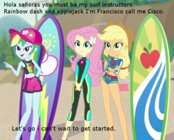 Size: 896x720 | Tagged: safe, edit, edited screencap, screencap, applejack, fluttershy, rainbow dash, blue crushed, equestria girls, g4, my little pony equestria girls: better together, cropped, geode of fauna, geode of super speed, geode of super strength, magical geodes, offscreen character, pov, surfboard, text, text edit, wetsuit