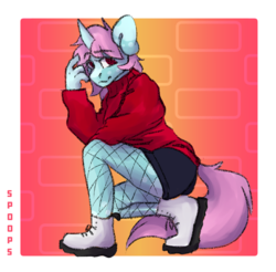 Size: 1375x1353 | Tagged: safe, artist:spoopygander, oc, oc only, oc:scoops, unicorn, anthro, blaze (coat marking), boots, clothes, coat markings, facial markings, female, fishnet stockings, freckles, horn, jumper, looking at you, mare, markings, shoes, shorts, smiling, solo