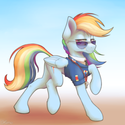 Size: 2000x2000 | Tagged: safe, artist:ohemo, rainbow dash, pegasus, pony, g4, atg 2019, clothes, clothes swap, female, high res, lifted leg, looking at you, mare, newbie artist training grounds, raised hoof, smiling, solo, spitfire's tie, sunglasses, uniform, whistle, whistle necklace, wonderbolts dress uniform, wonderbolts uniform