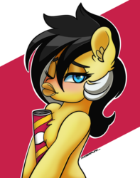 Size: 3000x3800 | Tagged: safe, artist:ciderpunk, oc, oc only, oc:zedwin, blushing, chips, duckface, fluffy, food, high res, looking at you, one eye closed, wink