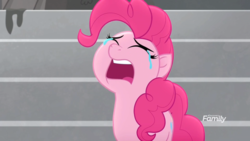Size: 1920x1080 | Tagged: safe, screencap, pinkie pie, earth pony, pony, g4, rainbow roadtrip, crying, discovery family logo, female, mare, open mouth, screaming, solo