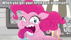 Size: 960x540 | Tagged: safe, edit, edited screencap, screencap, fluttershy, pinkie pie, g4, rainbow roadtrip, bloodshot eyes, caption, discovery family logo, drool, durian, faic, food, image macro, solo focus, terrorize, text, tongue out