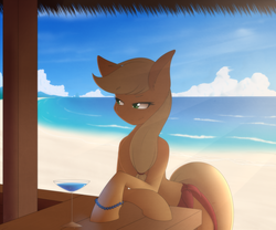 Size: 3000x2500 | Tagged: safe, artist:silverfox057, applejack, earth pony, pony, g4, beach, bracelet, female, high res, jewelry, mare, sarong, smiling, solo