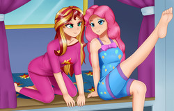 Size: 1954x1253 | Tagged: safe, artist:focusb, pinkie pie, sunset shimmer, equestria girls, equestria girls specials, g4, my little pony equestria girls: better together, my little pony equestria girls: sunset's backstage pass, barefoot, clothes, duo, duo female, feet, female, pajamas, scene interpretation, sleeveless