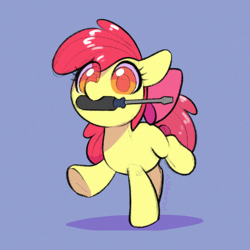 Size: 876x877 | Tagged: safe, artist:dawnfire, apple bloom, earth pony, pony, g4, adorabloom, blue background, colored pupils, cute, female, filly, mouth hold, screwdriver, simple background, solo