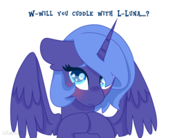 Size: 2500x2000 | Tagged: safe, artist:wingcut, derpibooru exclusive, princess luna, alicorn, pony, g4, blushing, bronybait, colored pupils, cute, dialogue, ear fluff, female, filly, floppy ears, high res, hooves together, horn, hug request, looking at you, lunabetes, s1 luna, short hair, shy, simple background, solo, text, transparent background, wings, woona, younger