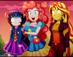 Size: 1560x1220 | Tagged: safe, artist:the-butch-x, pinkie pie, sunset shimmer, oc, oc:cassey, equestria girls, equestria girls series, g4, sunset's backstage pass!, spoiler:eqg series (season 2), blushing, female, geode of empathy, geode of sugar bombs, letterboxing, magical geodes, music festival outfit, puffy sleeves, shocked expression, shrunken pupils, smol, surprised, trio