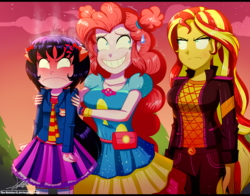 Size: 1560x1220 | Tagged: safe, alternate version, artist:the-butch-x, pinkie pie, sunset shimmer, oc, oc:cassey, equestria girls, equestria girls series, g4, sunset's backstage pass!, spoiler:eqg series (season 2), angry, geode of empathy, geode of sugar bombs, grin, imminent beatdown, letterboxing, magical geodes, music festival outfit, nervous, nervous smile, puffy sleeves, shrunken pupils, smiling, smol, sunset shimmer is not amused, sweat, sweatdrop, this will not end well, trio, unamused