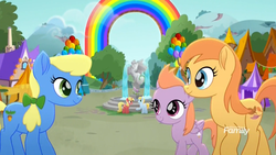 Size: 1920x1080 | Tagged: safe, screencap, cherry lemonade, harvest spice, oak sprout, thistle rain, earth pony, pegasus, pony, unicorn, g4, rainbow roadtrip, background pony, discovery family, discovery family logo, female, filly, foal, fountain, hope hollow, logo, mare, statue, unnamed character, unnamed pony