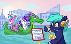 Size: 2048x1280 | Tagged: safe, artist:transformartive, oc, dragon, bronycon, baltimore, maryland, mascot, ponies riding dragons, riding, united states, water