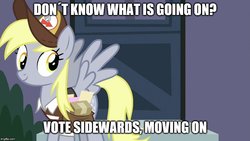Size: 888x500 | Tagged: safe, edit, edited screencap, screencap, derpy hooves, pegasus, pony, g4, the last crusade, caption, female, image macro, mailmare, mare, solo, text