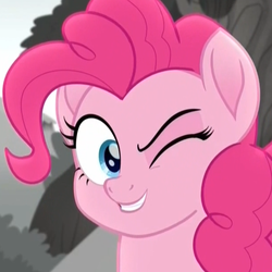 Size: 615x615 | Tagged: safe, screencap, pinkie pie, earth pony, pony, g4, my little pony: rainbow roadtrip, cropped, female, looking at you, mare, one eye closed, smiling, solo, wink