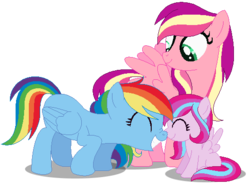 Size: 529x396 | Tagged: safe, artist:awoomarblesoda, rainbow dash, skywishes, skywishes (g4), oc, oc:misty meadow, pegasus, pony, g3, g4, base used, boop, female, filly, g3 to g4, generation leap, lesbian, magical lesbian spawn, missing cutie mark, nose wrinkle, noseboop, offspring, parent:rainbow dash, parent:skywishes, ship:rainbowwishes, shipping, simple background, transparent background, trio