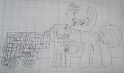 Size: 4571x2682 | Tagged: safe, artist:徐詩珮, spring rain, oc, oc:storm lightning, pony, unicorn, g4, female, lineart, lined paper, magic, magical lesbian spawn, mare, mother and daughter, next generation, offspring, parent:spring rain, parent:tempest shadow, parents:springshadow, teenager, traditional art