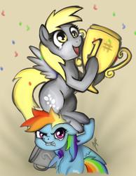 Size: 900x1158 | Tagged: safe, artist:zetamad, derpy hooves, rainbow dash, pegasus, pony, g4, duo, female, mare, trophy