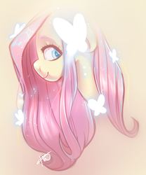 Size: 312x375 | Tagged: safe, artist:rosytwist, fluttershy, butterfly, pony, g4, bust, colored pupils, cute, female, looking at you, looking sideways, mare, pink background, portrait, profile, shyabetes, simple background, smiling, solo