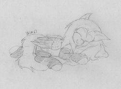 Size: 3025x2240 | Tagged: safe, artist:wapamario63, fluttershy, pegasus, pony, rainbow roadtrip, clothes, cute, eyes closed, female, folded wings, leggings, mare, monochrome, pillow, shyabetes, sleeping, smiling, socks, solo, traditional art, wings