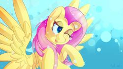 Size: 1280x720 | Tagged: safe, artist:michinix, fluttershy, pegasus, pony, g4, bubble, bust, female, looking away, looking sideways, mare, one eye closed, open mouth, smiling, solo, spread wings, three quarter view, underwater, water, wings