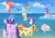 Size: 2039x1447 | Tagged: safe, artist:yinglung, applejack, fluttershy, pinkie pie, rainbow dash, rarity, spike, starlight glimmer, sunset shimmer, twilight sparkle, alicorn, crab, earth pony, pegasus, pony, unicorn, g4, beach, female, kite, magic, male, mare, twilight sparkle (alicorn), water, wet