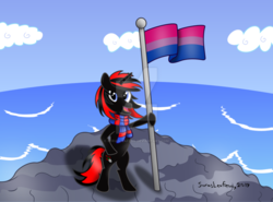 Size: 1024x759 | Tagged: safe, artist:sorasleafeon, oc, oc only, oc:shadow sora, pony, unicorn, bisexual pride flag, blue sky, cliff, clothes, cloud, flag, flagpole, happiness, holding, male, original character do not steal, pride, pride flag, pride month, scarf, seaside, smiling, solo, standing, story in the comments, unicorn oc, water