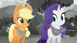 Size: 1920x1080 | Tagged: safe, screencap, applejack, rarity, pony, g4, rainbow roadtrip, clothes, cute, discovery family logo, jackabetes, looking at each other, neckerchief, raribetes, scarf, smiling