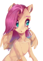 Size: 2894x4093 | Tagged: safe, artist:netymozga, fluttershy, pegasus, pony, semi-anthro, bust, female, human shoulders, looking away, looking sideways, mare, simple background, solo, spread wings, three quarter view, transparent background, wings